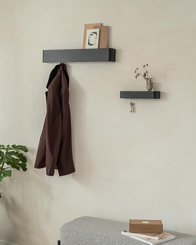 Kazai. Coat Rack Wall Mount with Shelf 'Tone' | Modern Design Coat Hanger with Hidden Hooks and Storage | Hat Rack with Shelf in Metal | Wall-Mounted Purse Organizer | Black