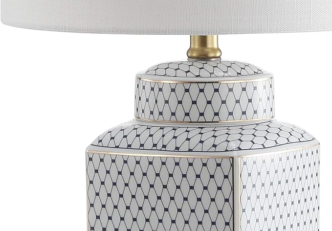 JONATHAN Y 21.5" White and Navy Blue Ceramic Ginger Jar LED Table Lamp, Modern Chinoiserie Fishnet Pattern with White Linen Shade and Brass Gold Base, LED Bulb Included JYL3043A