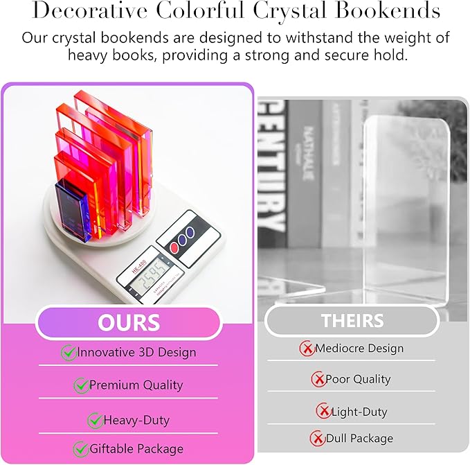 6Lbs Heavy Crystal Bookends Square Geometric Crystal Bookends Decorative Bookends for Shelves Stylish Book Stoppers for Heavy-Duty Use Non Skid Sturdy(1 Pair,Colorful)