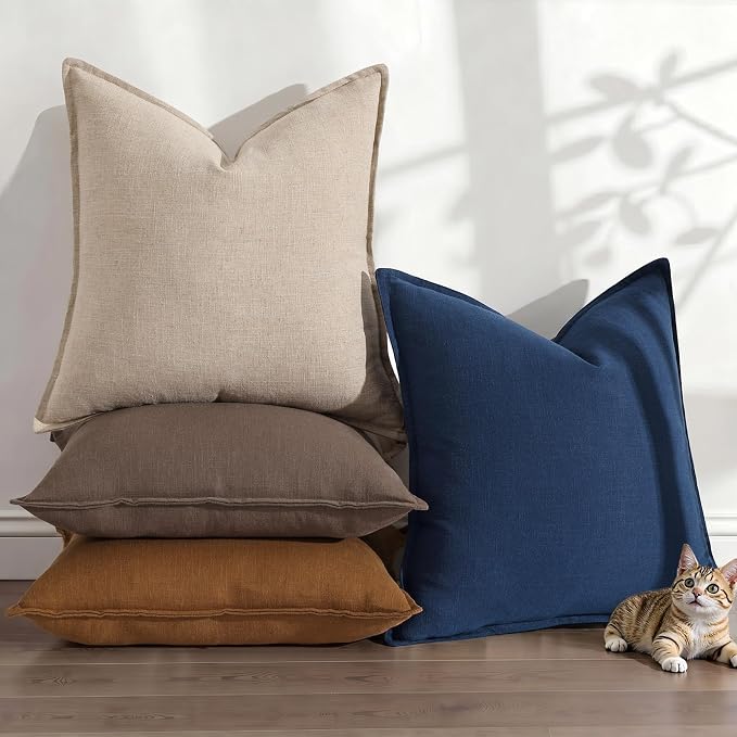 decorUhome Fall Decorative Linen Throw Pillow Covers 18x18 Inch Set of 2 Blue Neutral Pillow Covers with Flange Edges Soft Farmhouse Boho Accent Pillow Cases for Couch Bed Living Room
