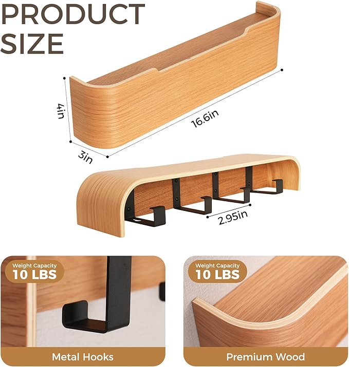 Coat Rack Wall Mount with Shelf Entryway Shelf Modern Key Holder Hanger Wall Shelves with Hidden Hooks for Hanging Towels Coats Hats Bags for Hallway Bathroom Bedroom(Oak, 4 Hooks)