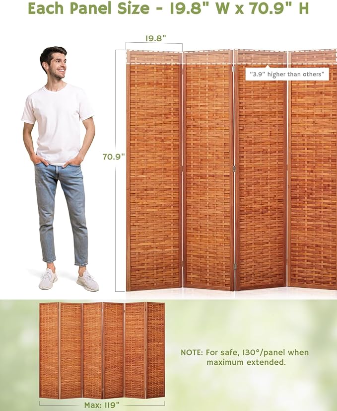 JOSTYLE 6ft Folding Privacy Screens 6-Panel Freestanding Room Dividers, Reddish Brown, 70.9" H x 119" W