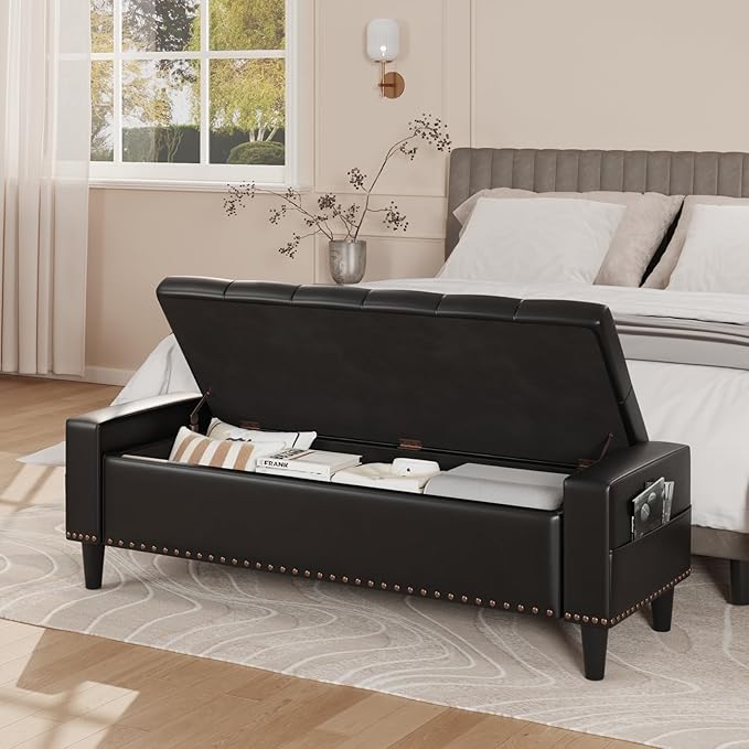 60" Storage Ottoman Bench, Faux Leather Upholstered Bed Bench with Tufted Buttons and Nailhead Trim, Large Ottoman with Storage for King Size End of Bed, Bedroom, Living Room, Entryway, Hallway, Black