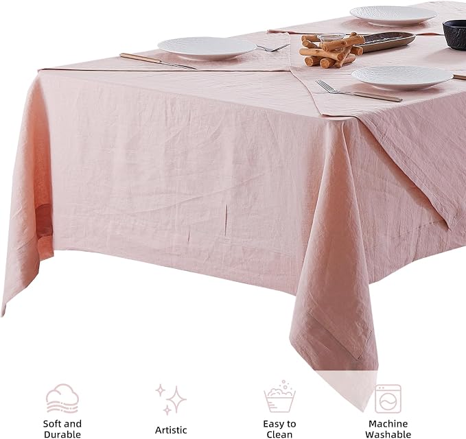 Linen Tablecloth 100% Pure Linen Table Cloth for Rectangle Tables Machine Washable Dining Fall Tablecloth with 4PCS 20"x 20" Linen Napkins (Pink, 60" x 120")