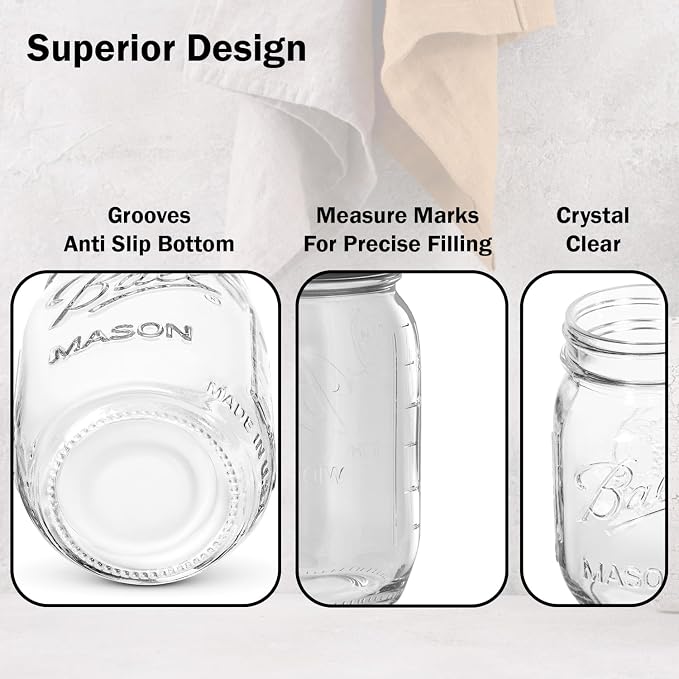 Ball Regular Mouth Mason Jars 8 oz. (12 Pack) - Half Pint Size Jars with Airtight Lids and Bands for Canning, Fermenting, Pickling, Meal Prep or DIY Decors and Projects Bundled with Peaknip Jar Opener