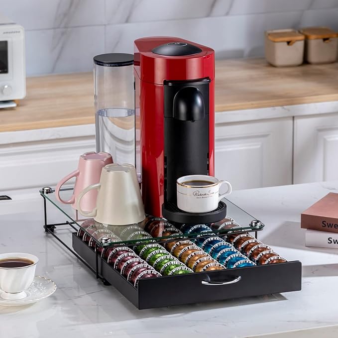FlagShip for Vertuo Pod Holder Coffee Pod Organizer for Nespresso Pod Storage Glass Top(50 Pods Capacity)