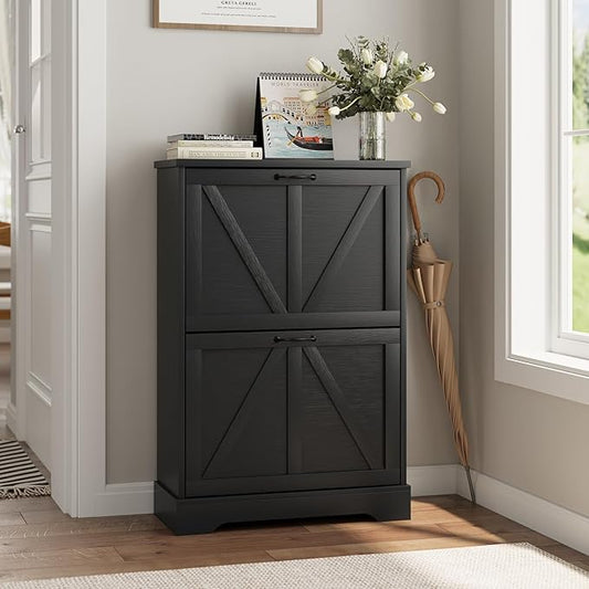 Smart FENDEE Shoe Cabinet, Shoe Storage Cabinet for Entryway with 2 Flip Drawers, Narrow Farmhouse Shoe Organizer Cabinet, Slim Shoe Rack Cabinet, 23.6in Black
