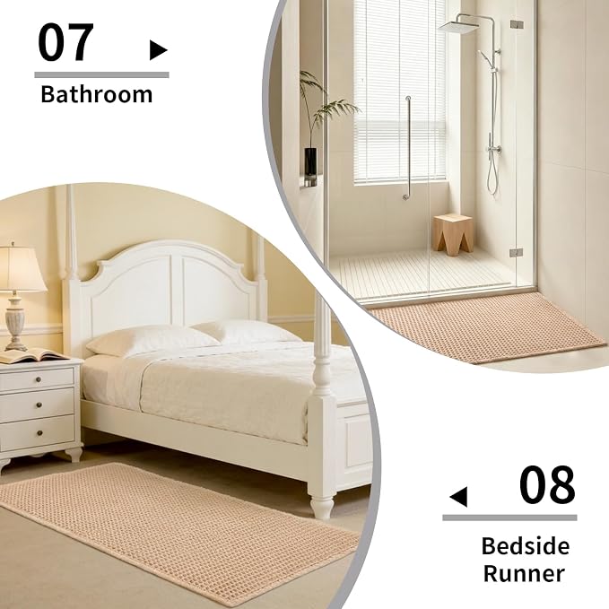 Disolla Waffle Bath Mat, Non Slip Absorbent Bathroom Runner Rug, Washable Quick Dry Ultra Soft Long Bathroom Floor Mat, Large Beige/White Bath Rug for Tub Shower, 24''x70''