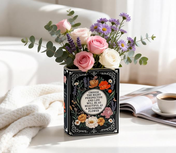 LIFFY Ceramic Vase for Flowers, 6.3 Inch Tall Farmhouse Centerpiece with Double Handles, Rustic Terracotta & Modern Navy White - Home Table Decor (Black Flower)