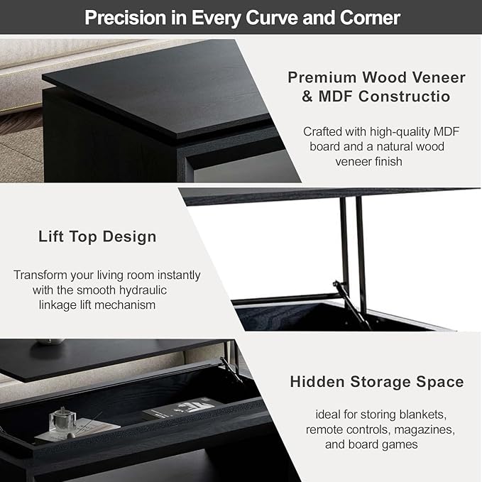 43.3'' Rectangle Lift Top Coffee Table with Storage & Adjustable Height, Mid Century Modern Center Table Accent Tea Table or Living Room Apartment Office, Black