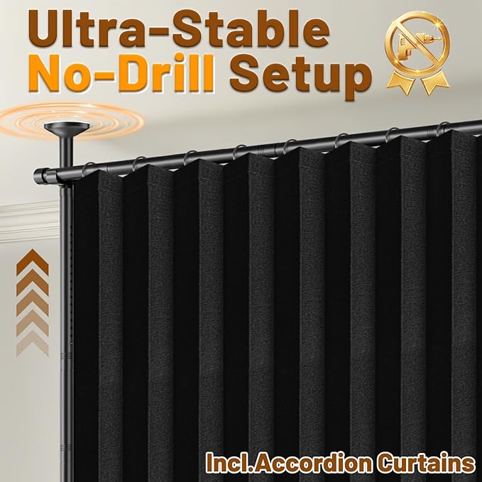 AJAZZ Room Divider Curtain (Black, W100 x L96 in, 1 Panel)+ Tension Curtain Rod No Drilling (H) 43-120×(W) 35-100 in, for Privacy/Soundproof Curtains, Heavy Duty Wall Separator