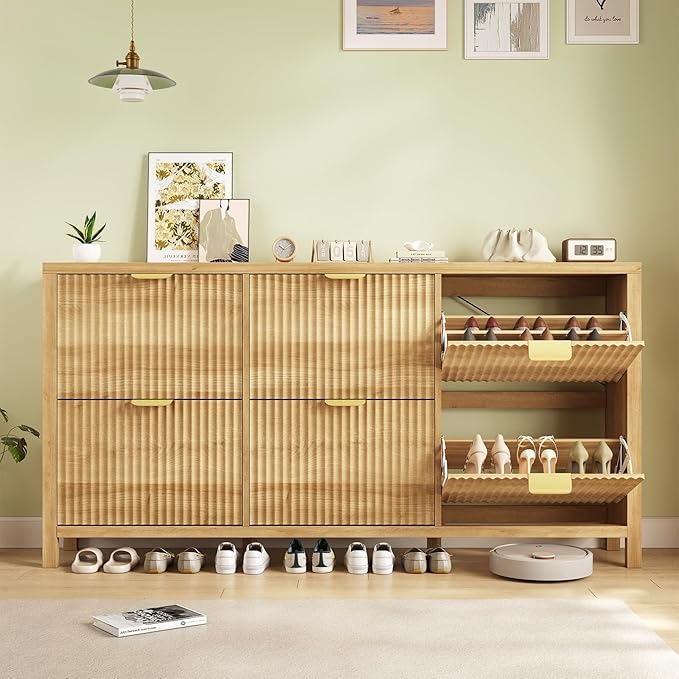 YOMILUVE 63" Shoe Cabinet Storage for Entryway, Fluted Shoe Cabinet with 6 Flip Drawers, Hidden Shoe Rack Freestanding Wooden Shoe Organizer with Legs for Hallway, Oak