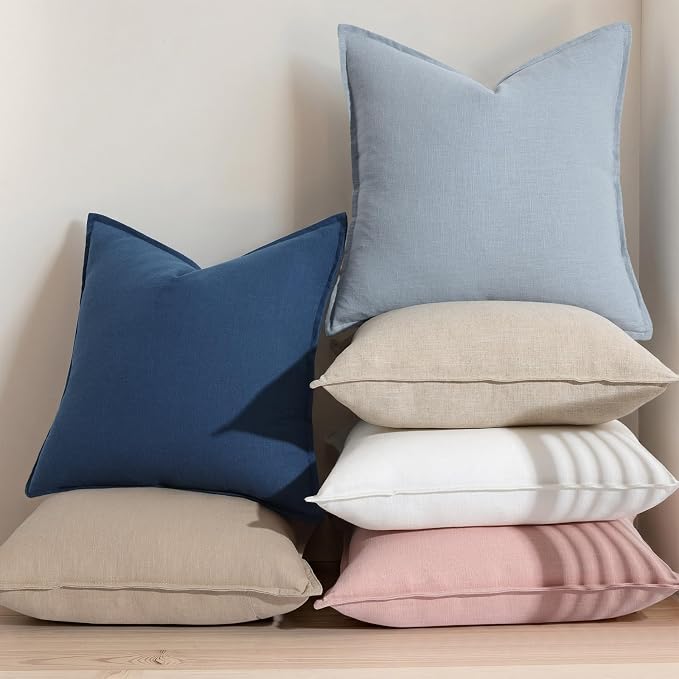 decorUhome Fall Decorative Linen Throw Pillow Covers 18x18 Inch Set of 2 Blue Neutral Pillow Covers with Flange Edges Soft Farmhouse Boho Accent Pillow Cases for Couch Bed Living Room