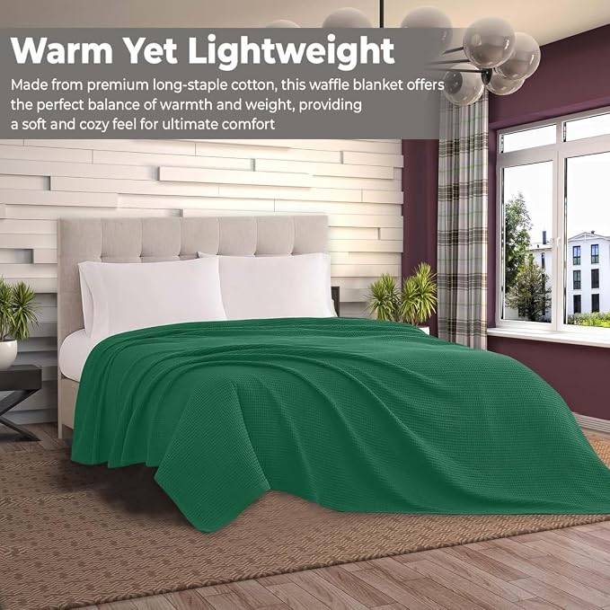 100% Cotton Blankets for Bed - Waffle Weave Blankets for Summer, Lightweight and Breathable Soft Woven Blanket for Spring (Dark Green, King (90" x 108"))