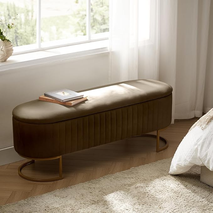 50.5” Velvet Storage Ottoman Bench with Gold-Toned Legs, Luxury Upholstered End of Bed Multi-Functional Footrest & Seat for Bedroom & Entryway