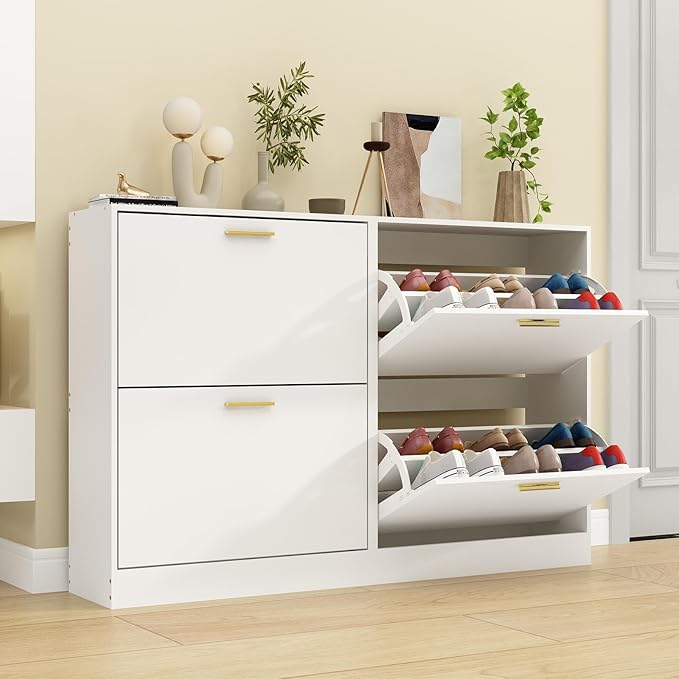 Shoe Cabinet Storage for Entryway, White Shoe Organizer with 2 Flip Drawers & Open Shelf, Freestanding Hidden Large Shoe Storage Cabinet (2pc-White, 2 Flip Drawers)