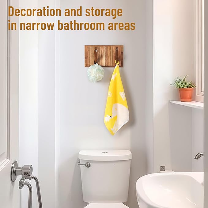 Small Coat Rack for Apartment: 10.4Inch Wood Rustic 6 Hooks Wall Mount Retractable for Narrow Spaces Entryway Bathroom for Hanging Light Items Jacket Towel Dog Leash Bag