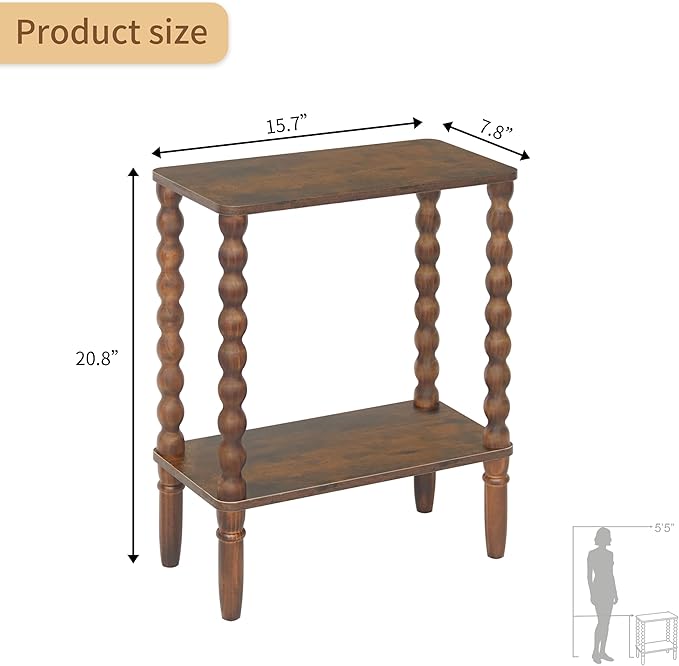 Fultyle Small Narrow End Table, Narrow Side Table Living Room with Storage, 2-Tier Wood Accent Table Slim Nightstand for Small Spaces, Office, Bedroom (Rustic Brown)