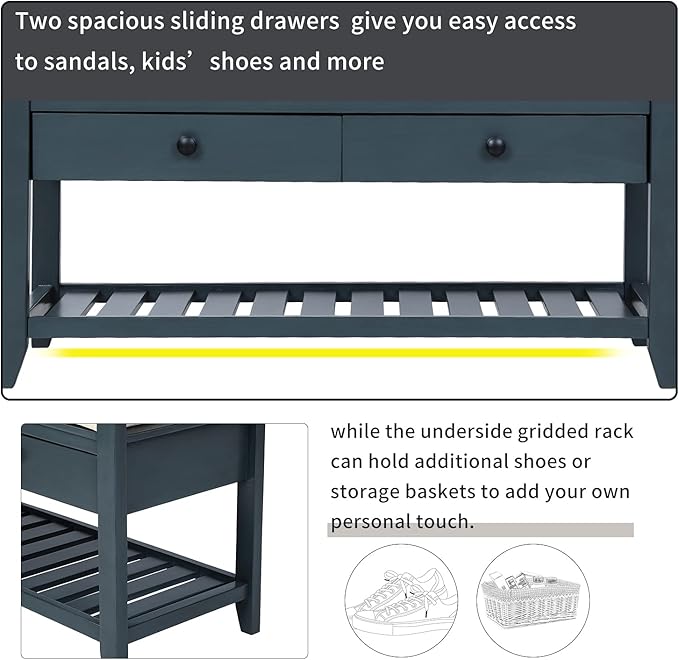 Knocbel Entry Storage Bench Shoes Rack with Cushioned Seat, 2 Drawers & Slatted Shelf, Living Room Entryway Hallway Foyer Shoe Bench Bedroom End of Bed Bench (Antique Navy)