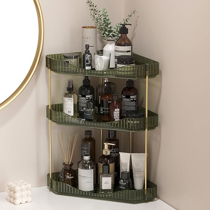 Lifewit 3-Tier Corner Bathroom Counter Organizer, Plastic Makeup Skincare Organizers Storage Countertop, Large Sink Cosmetic Perfume Shelf for Bedroom, Dresser, Kitchen, Vanity, Green, 39 cm/15inch(H)