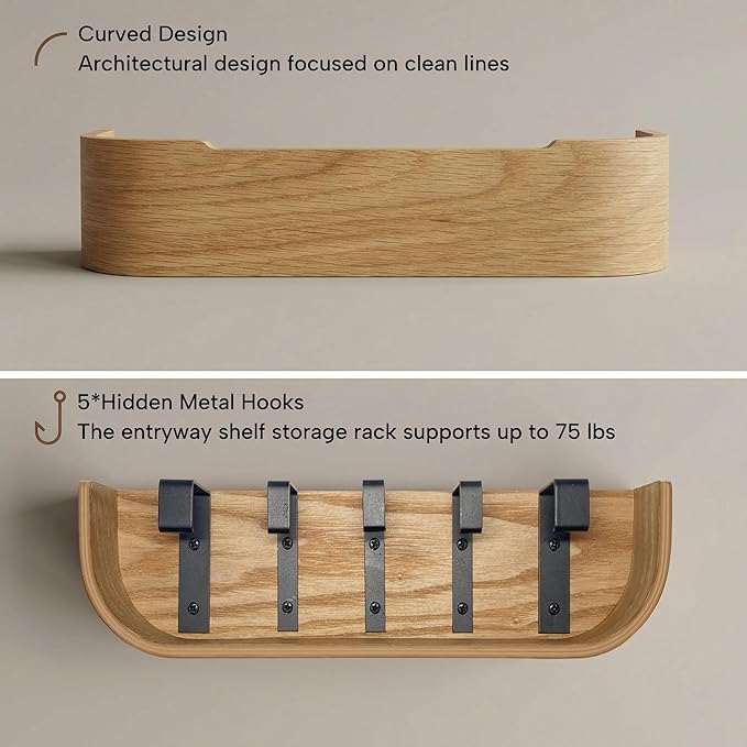 Wall Mount Key Holder with 5 Hidden Hooks Modern Key Hanger Rack Wood Entryway Hook Mail Organizer Tray Shelf Home Decor for Car Key Ring Dog Leash Sunglasses Bags(Light Oak)