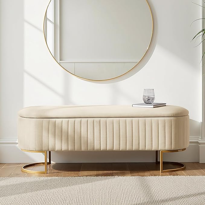 50.5” Velvet Storage Ottoman Bench with Gold-Toned Legs, Luxury Upholstered End of Bed Multi-Functional Footrest & Seat for Bedroom & Entryway