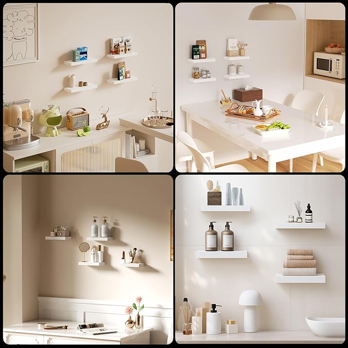 Floating Shelves for Wall, Set of 4 Wooden Wall Mounted Shelves for Bathroom Over Toilet, Bedroom, Kitchen, Living Room & Office, Modern Hanging Storage and Wall Decor, White, 12"x7"x1.5"