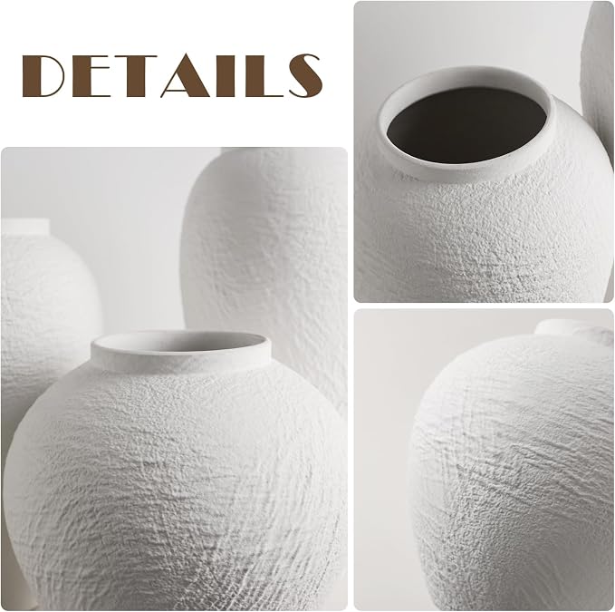 Vintage Stone Textured Ceramic Vase, Minimalist White Flower Vase, Rustic Decorative Centerpiece for Farmhouse, Living Room, Shelf, Dining Table Home Decor,Small-Sized (White Texture 6.3'' Tall)