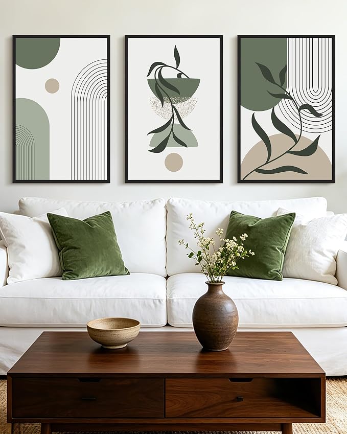 KUVIOKE Boho Wall Art Framed Botanical Modern Plants Wall Printing Green Neutral Abstract Geometric Prints Bohemain Sage Decor for Farmhouse Living Dining Room 24x36in (Black Framed)