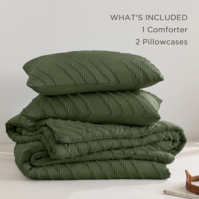 Andency Olive Green Oversized Queen Comforter Set, Boho Soft Warm Bedding Comforter Sets, 3 Pieces Aesthetic Chevron Farmhouse Cute Bohemian Textured Bed Set