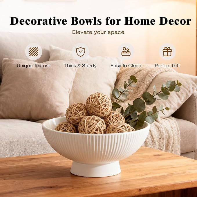 Decorative Bowl 8 Inch Fruit Bowl for Kitchen Counter Modern Pedestal Footed Centerpiece Bowl for Coffee Table & Home Decor Fall Catch-All Bowl for Key, Candy, White