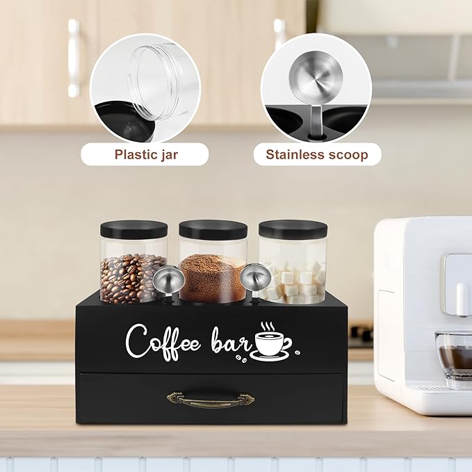 MACIFECI 54 oz Coffee Canister Set with Shelf, Coffee and Sugar Container Set of 3 Canisters Sets for Kitchen Counter, Plastic Coffee Bean Storage Container with Scoop (Black - Drawer)