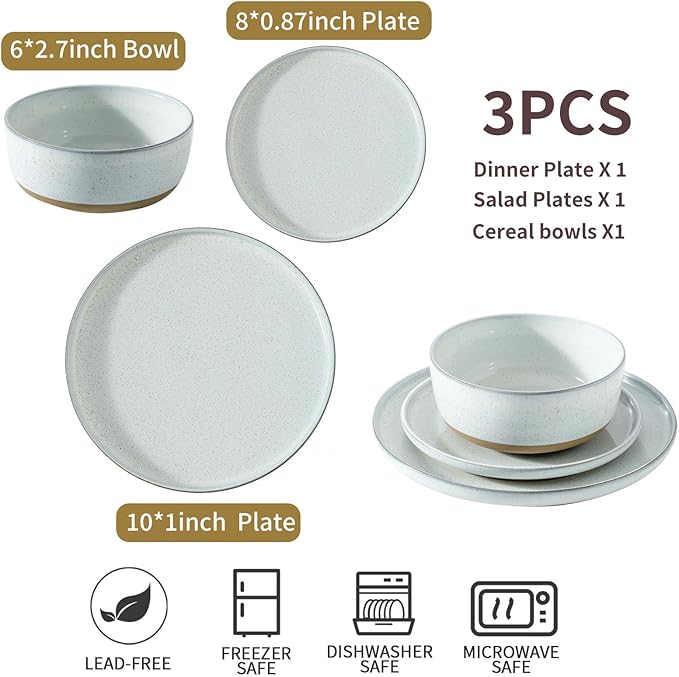 Hasense Plates and Bowls Sets, 3 Pieces Modern Porcelain Dishes Sets, Stoneware Dinnerware Sets with Speckled Pattern, Scratch Resistant Microwave and Dishwasher Safe, White