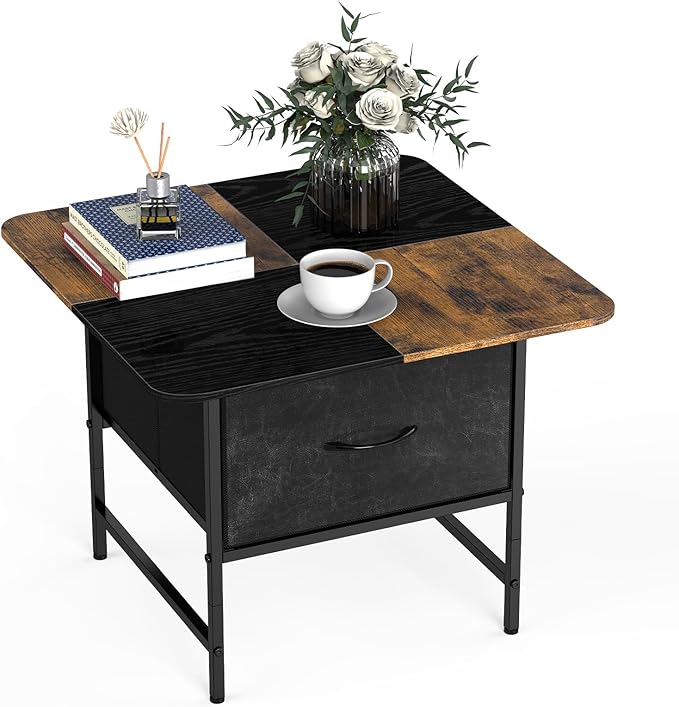 SHINOSKE Square Coffee Table with Round Corners,2 Tier Farmhouse Small Coffee Table for Small Space,Modern Low Center Living Room Tables with 2 Storage Drawers for Apartment,Office,Outdoor,Black Brown