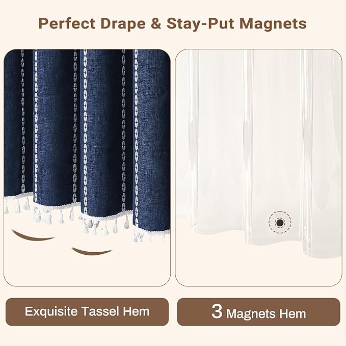BTTN 3 in 1 Shower Curtain with Liner, 84 Extra Long Boho Linen Striped Cloth Shower Curtain Set with Hook, Tall Farmhouse Bohemian Waterproof Fabric Shower Curtain for Bathroom, Navy Blue, 72x84