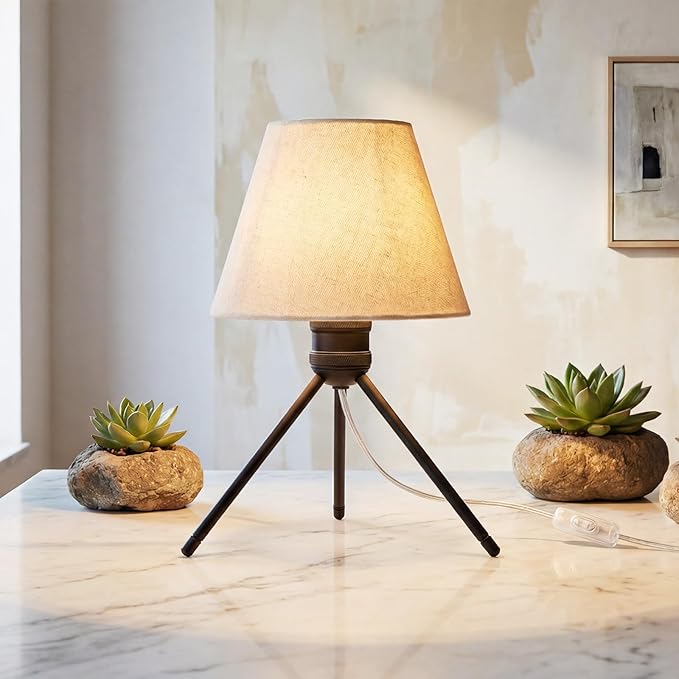 Modern Table Lamp Small Bedside Lamp Metal Linen 13.8 Inches, Soft Light (3000K), Simple Style Design, Button Switch, Suitable for Nightstand Bedroom Lamp, Study and Dormitory (Sand Black)