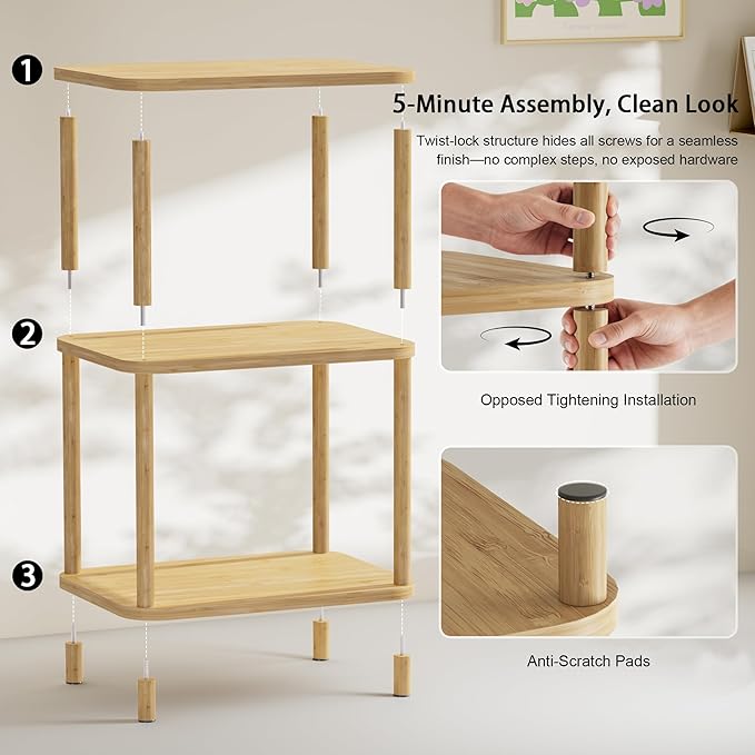 Bamboo End Table, Set of 2, Side Table for Small Space with Storage Shelf, Small Table Stand, Narrow Bedside Table Nightstand, Toolless Assembly, for Nursery, Living Room, Bedroom, Natural