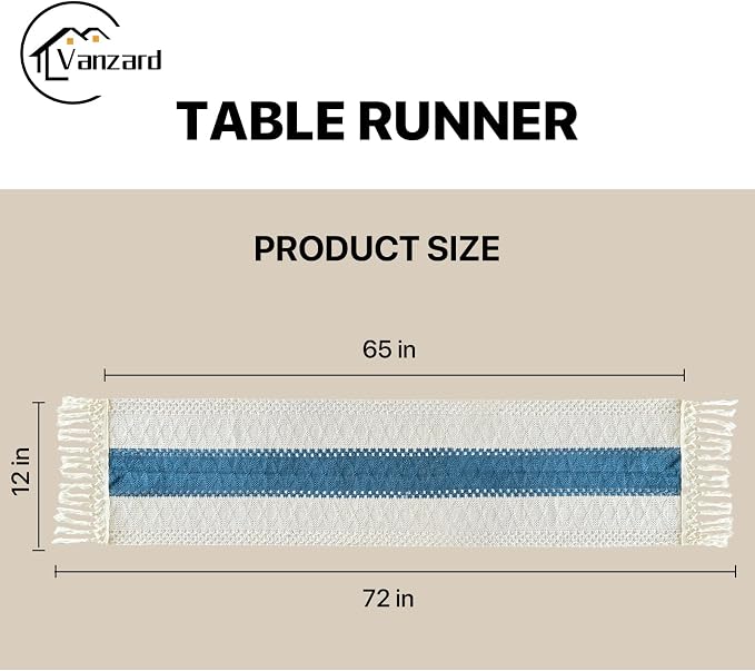Blue Boho Table Runner for Home Decor with Tassels 72 Inches Farmhouse Rustic Table Runner Macrame Burlap Table Decoration for Living Room Bridal Shower(12x72 Inches, Fringe Included)