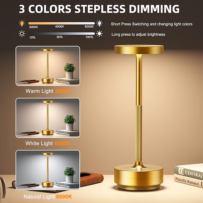 2-Pack Cordless Table Lamp Rechargeable, 5000mAh Battery Operated LED, Touch 3-Color Stepless Dimming, IP54 Waterproof Wireless Lamp for Bedroom Dining Restaurant Patio Outdoor – Gold