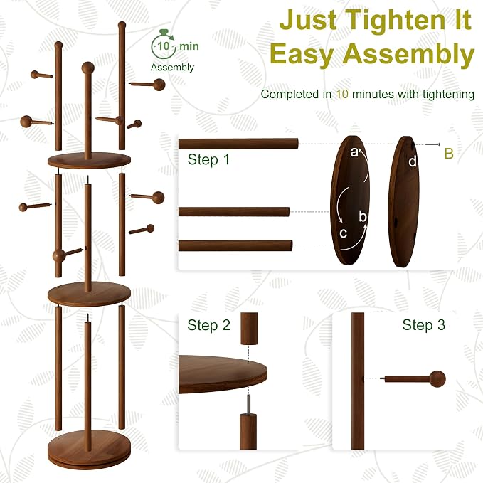 FROMJBEST Solid Wood Coat Rack Freestanding Rotating Clothes Rack with 9 Hooks & 3 Storage Shelves for Purse, Bag, Hat, Coat Hanger Stand for Entryway, Hallway, Office, Mid-Centry, Walnut