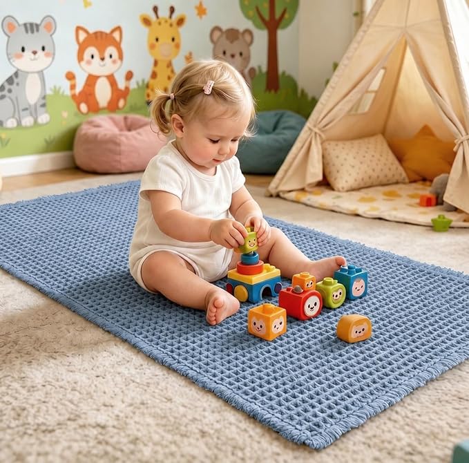 ILANGO Upgraded Waffle Bathroom Runner Rugs,Super Absorbent Boho Non Slip Bathroom Mats Quick Dry,Ultra Soft Machine Washable Mat with Tassels for Hallway,24x54,Light Blue