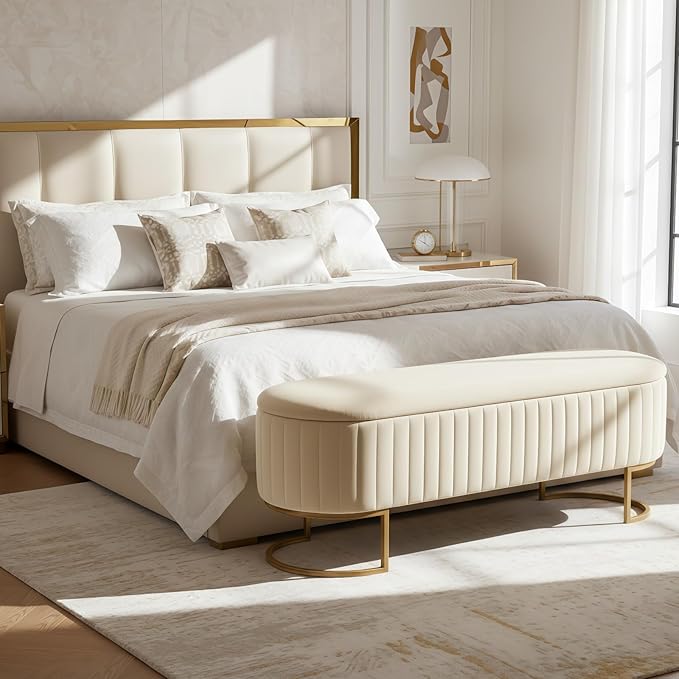 50.5” Velvet Storage Ottoman Bench with Gold-Toned Legs, Luxury Upholstered End of Bed Multi-Functional Footrest & Seat for Bedroom & Entryway