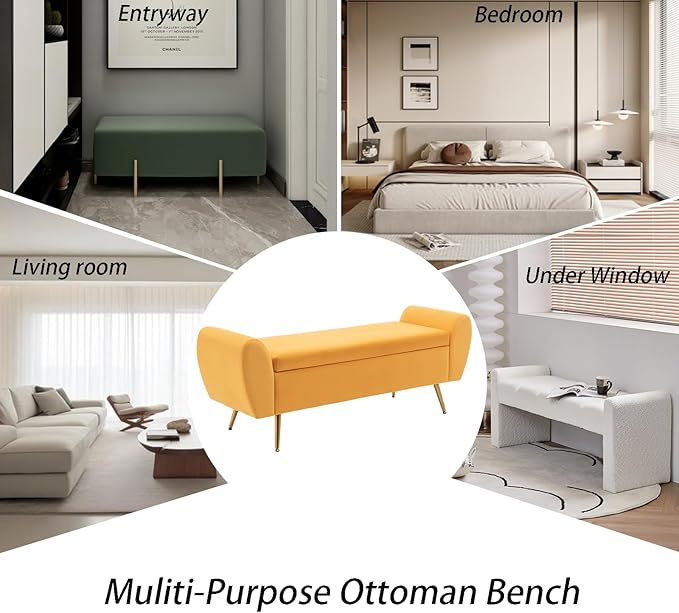 Storage Bench for Bedroom, 55" Extra Long Bench for King Size Bed, Modern Upholstered End of Bed Ottoman Bench with Arms for Entryway Living Room (Velvet, Mustard Yellow)