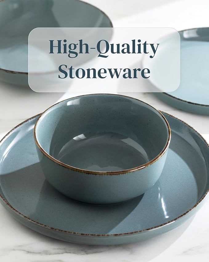 16 Piece Stoneware Dinnerware Set for 4 - Handmade Reactive Glaze Plates and Bowls Set - Chip & Scratch Resistant Dish Set - Dishwasher Microwave Safe - Rustic Smoke Blue