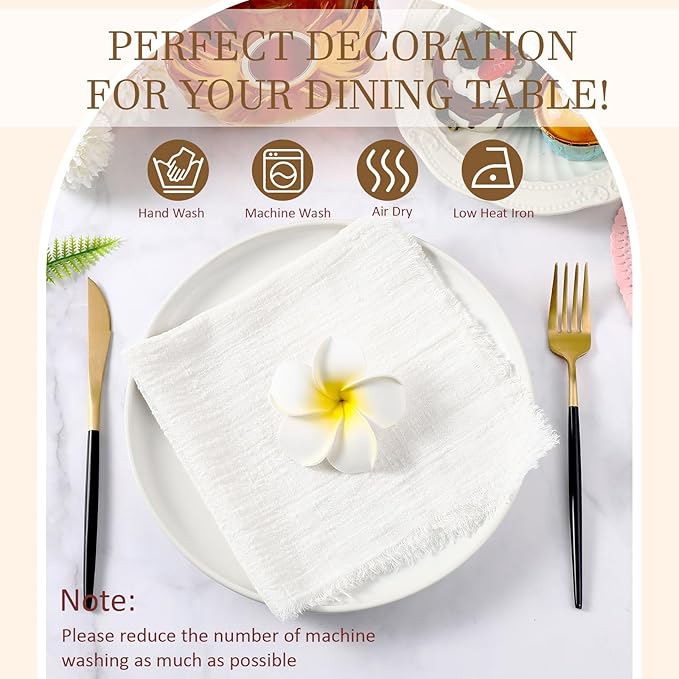 Preboun 24 Pcs Fringe Napkins Bulk Cloth Cotton Soft 17 x 17 Inch Rustic Reusable Washable Festive Square Table Napkins with Fringe for Parties Wedding Restaurant Table Accessory(White)