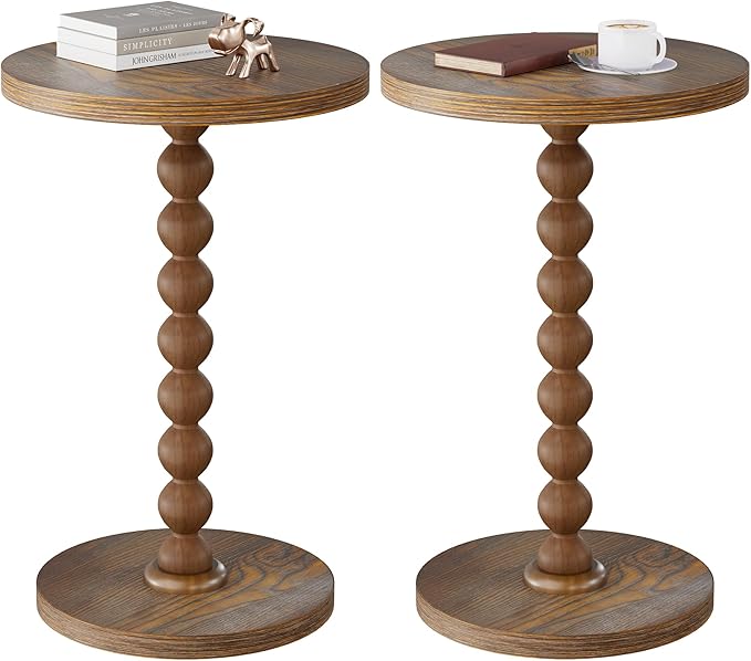 Round Side Table, Drink Table for Small Spaces, Modern Accent Nightstand with Rubberwood Leg for Living Room, Bedroom, Corners, and Office, Set of 2 (Brown)
