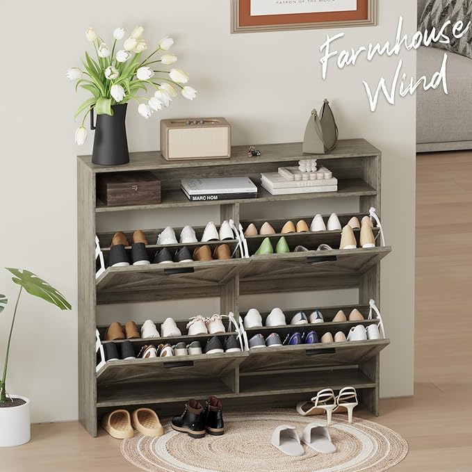 Wooden Shoe Cabinet with 4 Flip Drawers, Narrow Shoe Rack Organizer Cabinet for Classified Storage, Farmhouse Shoe Storage Cabinet for Entryway, Living Room (Grey)