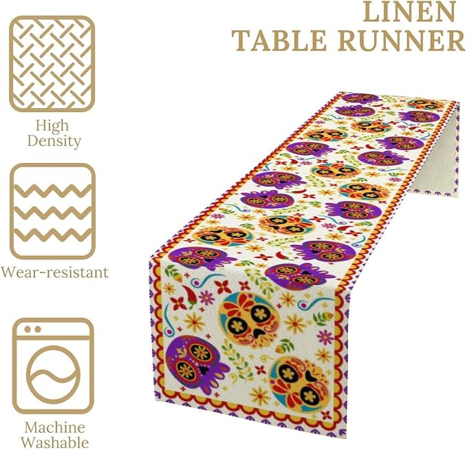Mexican Fiesta Table Runner Decoration Skull Cinco De Mayo Dia De Los Muertos Runners Farmhouse Rustic Day of The Dead Decor Supplies for Kitchen Dining Home, 13x60 Inch White