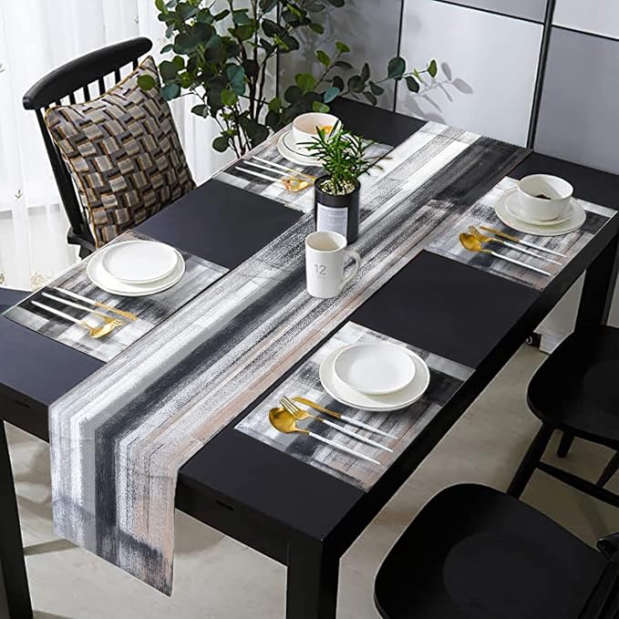Black and Grey Modern Table Runner and Place Mats Set of 6 Abstract Black and White Gray Pink Linen Dining Mat Sets Washable Ivory Tabletop for Home Table Decorations 70 Inches Long