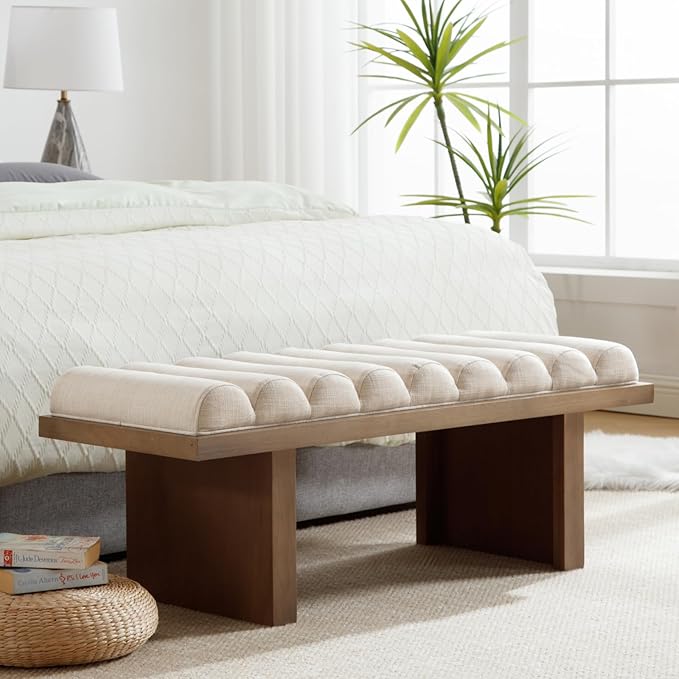 HEAH-YO Modern Bedroom Bench,47 Inches Upholstered Entryway Bench for Bedroom End of Bed with Cylindrical Cushion/Brown Wood Leg,Window Ottoman for Living Room Hallway,Linen Beige